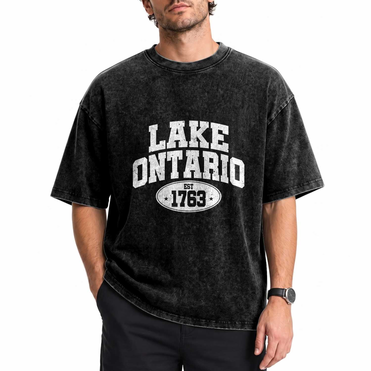 Retro Lake Ontario Est 1763 Distressed Varsity Emblem Graphic Washed Cotton T-Shirt Great Lakes Boating & Lake House Souvenir