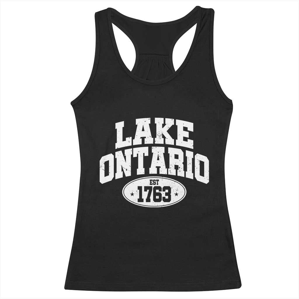 Retro Lake Ontario Est 1763 Distressed Varsity Emblem Graphic Racerback Tank Top Great Lakes Boating & Lake House Souvenir