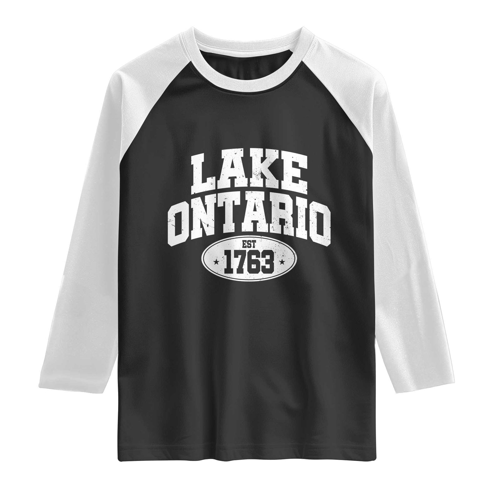 Retro Lake Ontario Est 1763 Distressed Varsity Emblem Graphic Raglan Shirt Great Lakes Boating & Lake House Souvenir
