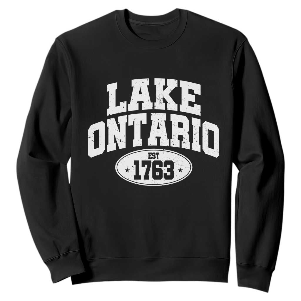 Retro Lake Ontario Est 1763 Distressed Varsity Emblem Graphic Sweatshirt Great Lakes Boating & Lake House Souvenir