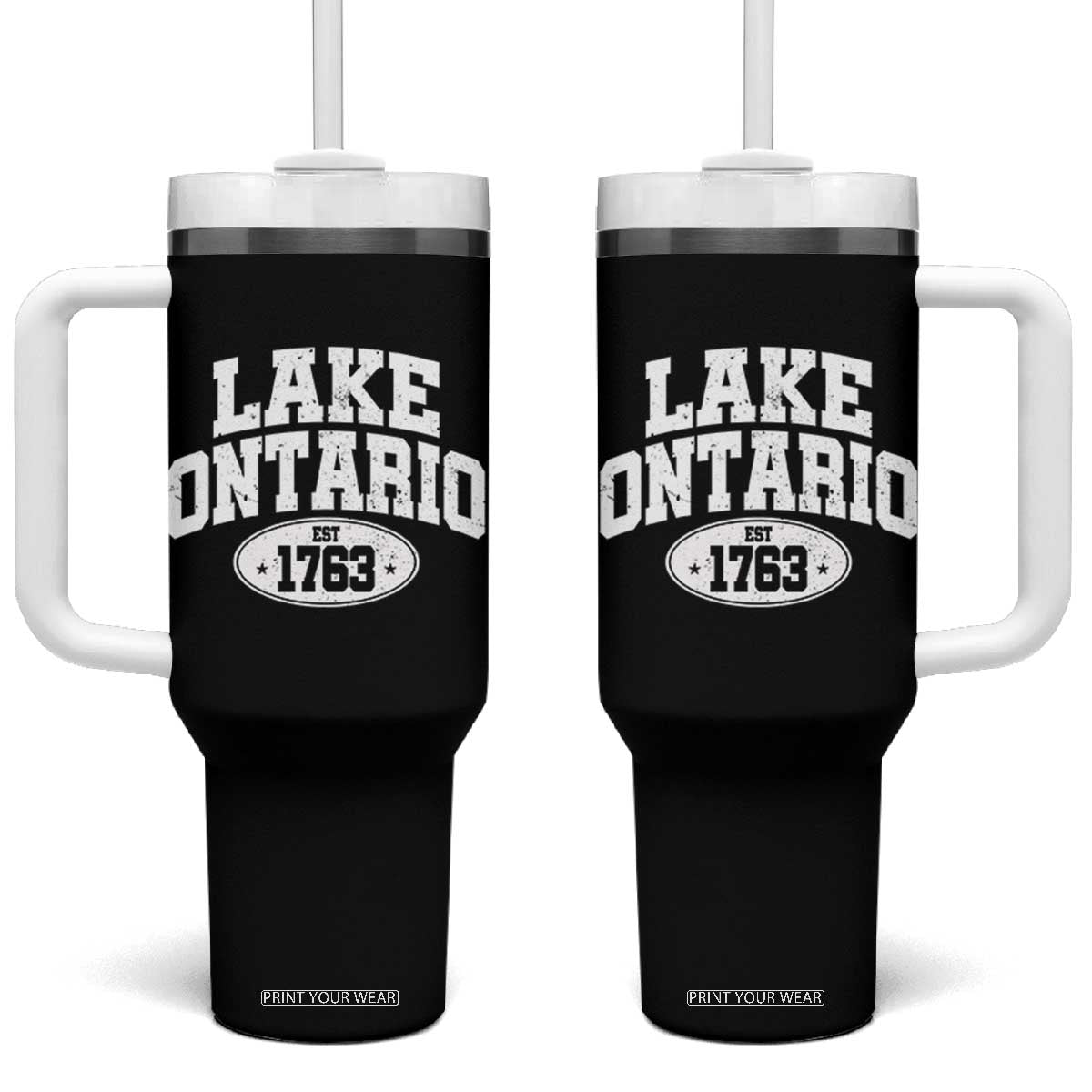 Retro Lake Ontario Est 1763 Distressed Varsity Emblem Graphic Tumbler With Handle Great Lakes Boating & Lake House Souvenir