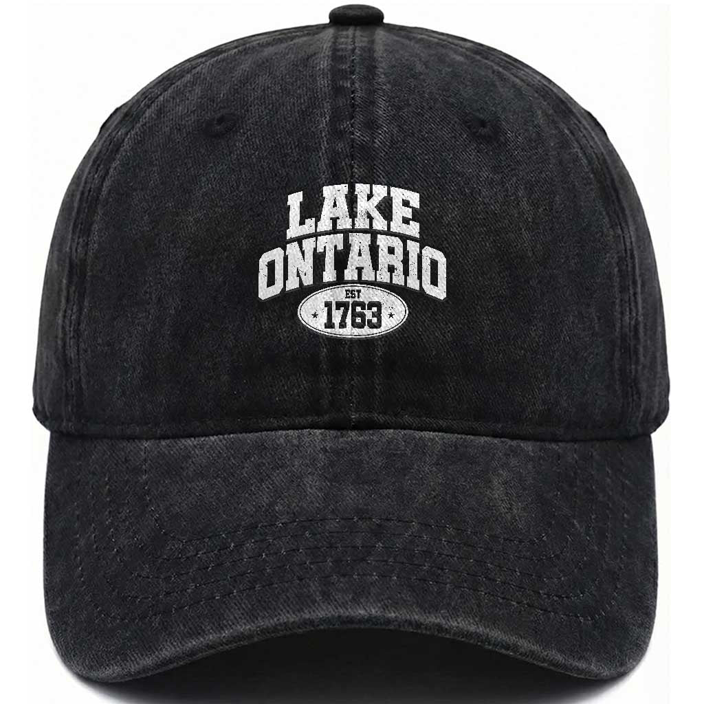 Retro Lake Ontario Est 1763 Distressed Varsity Emblem Graphic Washed Cotton Baseball Cap Great Lakes Boating & Lake House Souvenir