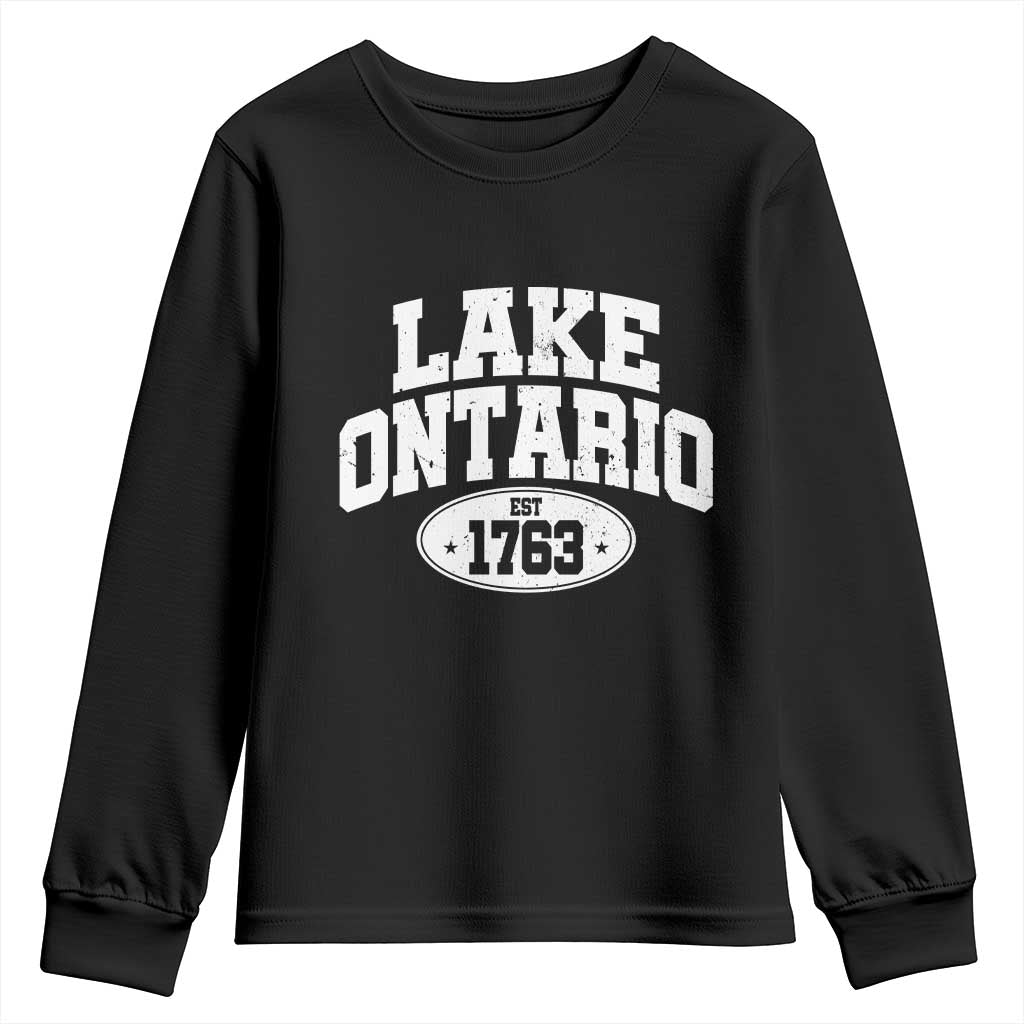 Retro Lake Ontario Est 1763 Distressed Varsity Emblem Graphic Youth Sweatshirt Great Lakes Boating & Lake House Souvenir