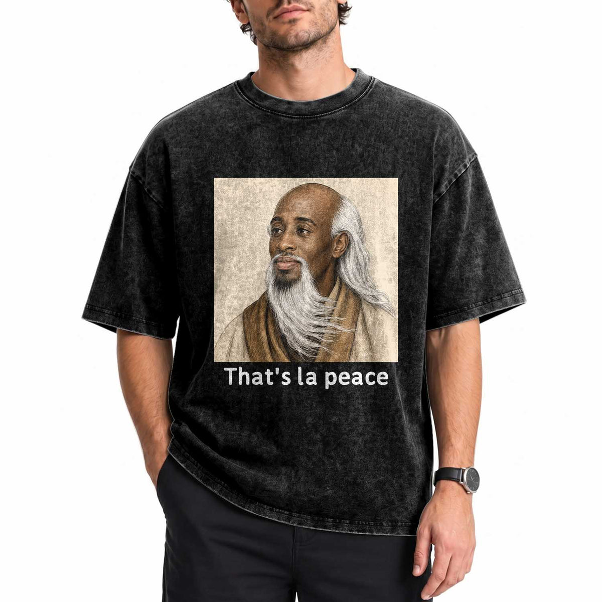 Thats La Peace Wise Sage Meme Washed Cotton T-Shirt Ancient Zen Master Chill Inner Calm Sketch Art Graphic