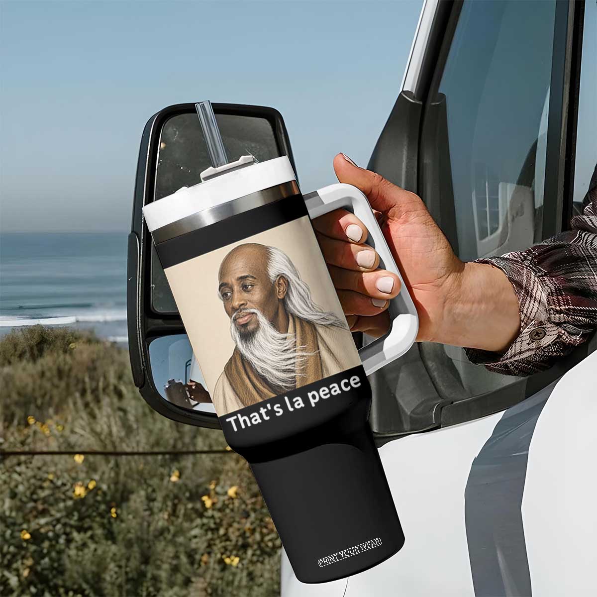 Thats La Peace Wise Sage Meme Tumbler With Handle Ancient Zen Master Chill Inner Calm Sketch Art Graphic