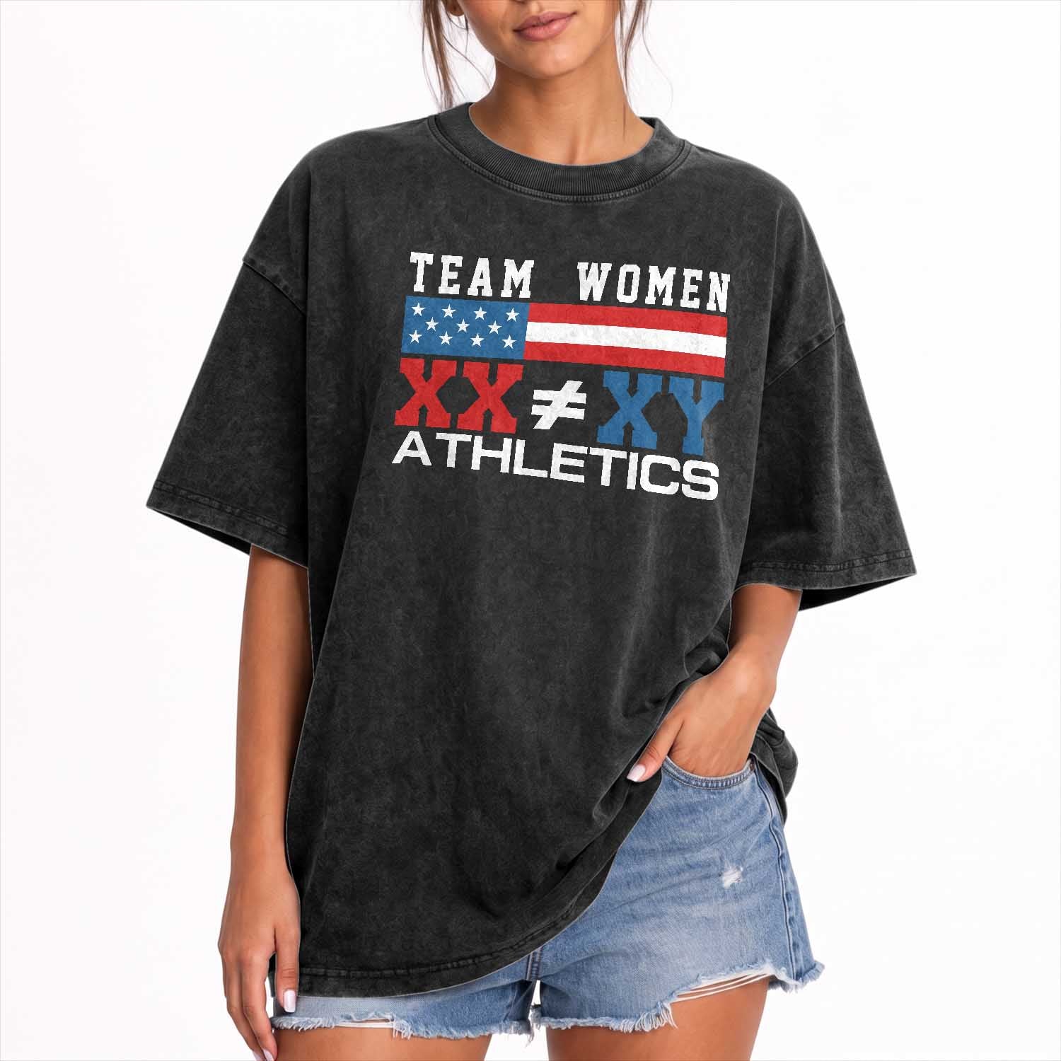 Team Women Athletics XX Not Equal XY American Flag Washed Cotton T-Shirt Patriotic Title IX Science Graphic