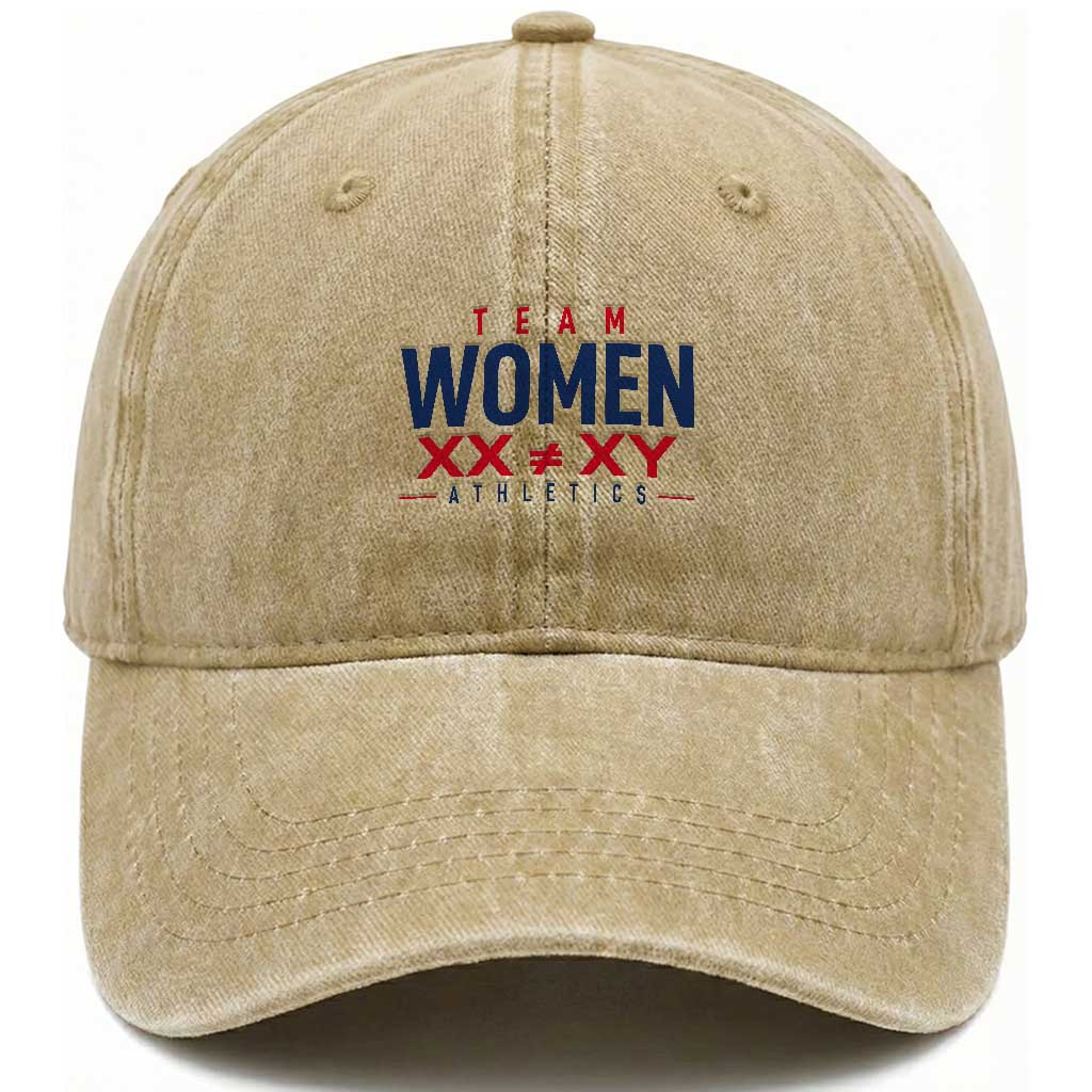 Team Women Athletics XX Not Equal XY Varsity Style Washed Cotton Baseball Cap Title IX Science Graphic