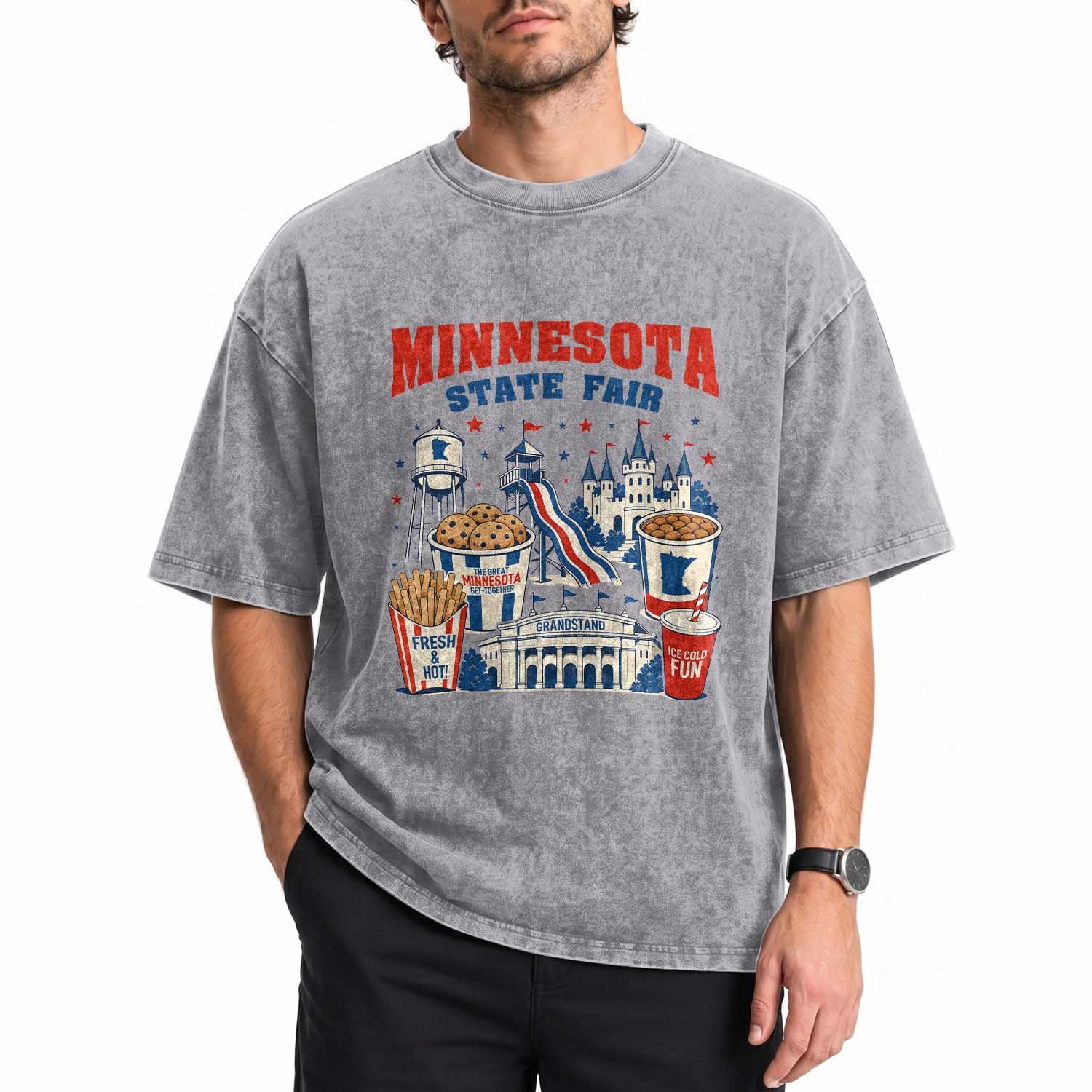 The Great Minnesota State Fair Washed Cotton T-Shirt Vintage Landmarks And Fair Food Midwest Pride Graphic