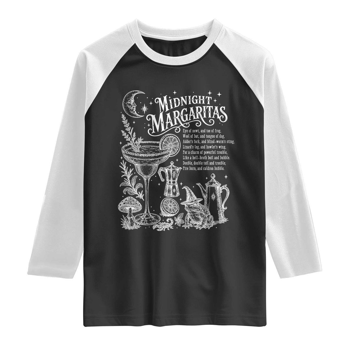 Midnight Margaritas Witchy Spellbook Botanical Raglan Shirt Spooky Halloween Cocktail Graphic