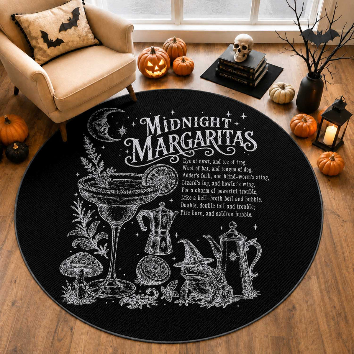 Midnight Margaritas Witchy Spellbook Botanical Round Rug Spooky Halloween Cocktail Graphic