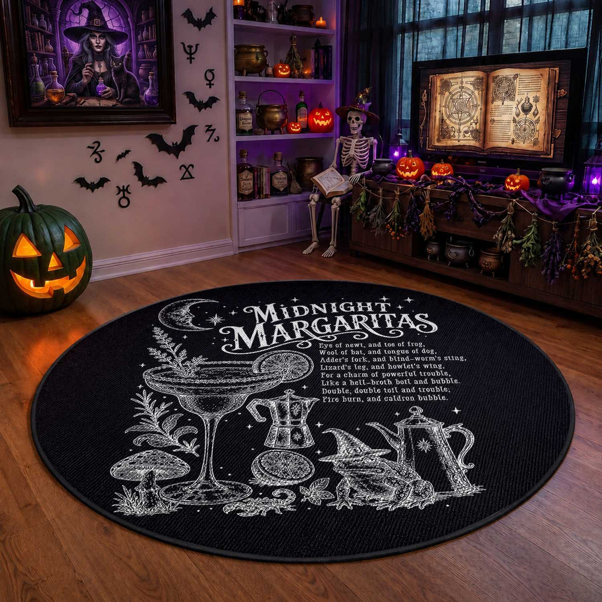 Midnight Margaritas Witchy Spellbook Botanical Round Rug Spooky Halloween Cocktail Graphic
