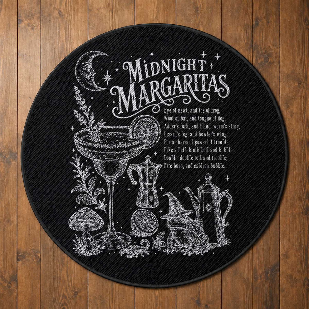 Midnight Margaritas Witchy Spellbook Botanical Round Rug Spooky Halloween Cocktail Graphic