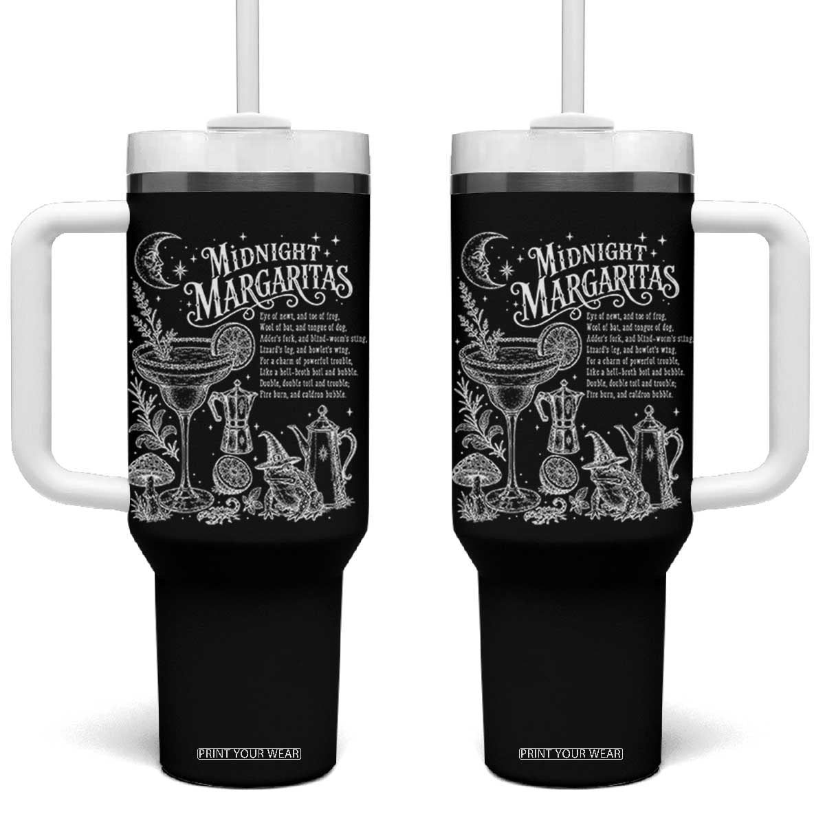 Midnight Margaritas Witchy Spellbook Botanical Tumbler With Handle Spooky Halloween Cocktail Graphic