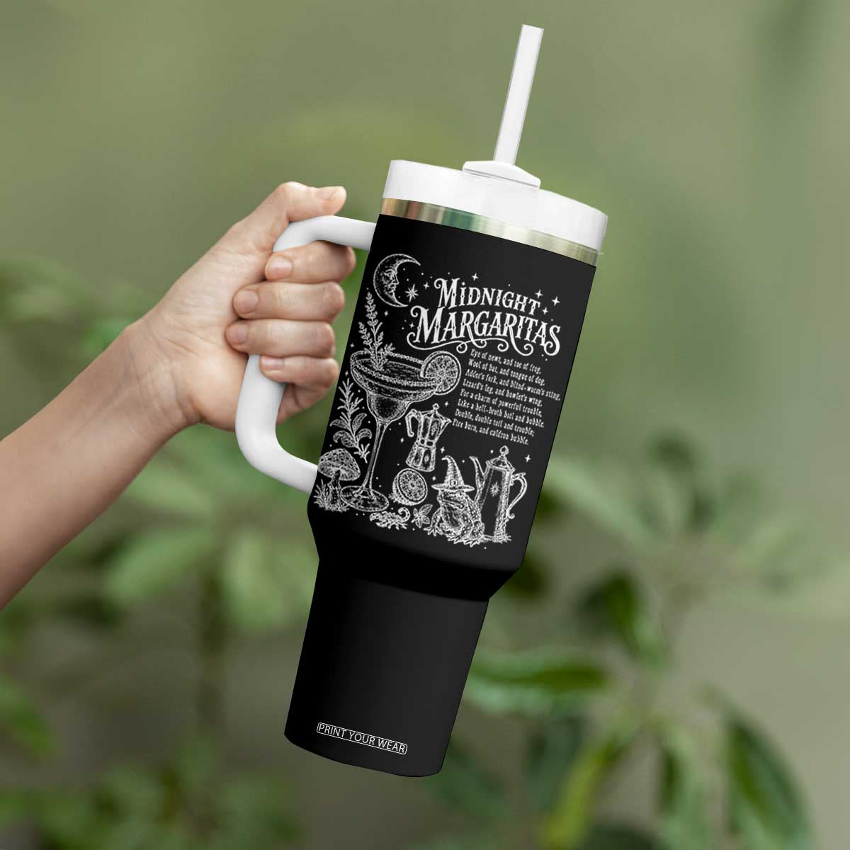 Midnight Margaritas Witchy Spellbook Botanical Tumbler With Handle Spooky Halloween Cocktail Graphic