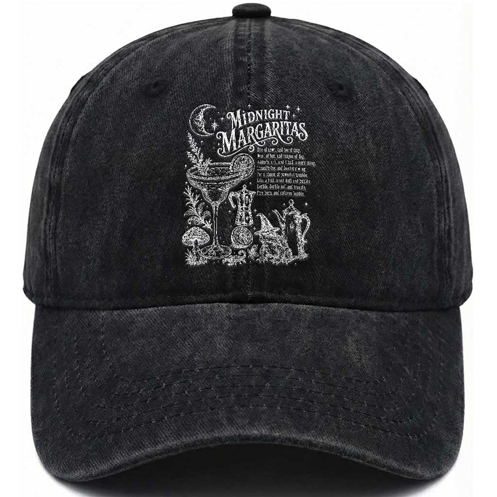 Midnight Margaritas Witchy Spellbook Botanical Washed Cotton Baseball Cap Spooky Halloween Cocktail Graphic