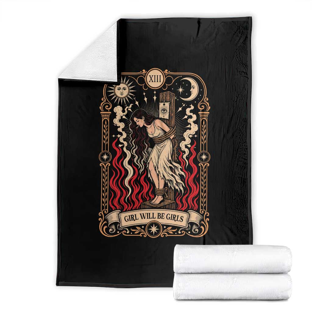 Girls Will Be Girls Burning Stake Witch Tarot Card Throw Blanket Defiant Feminist Aesthetic Graphic