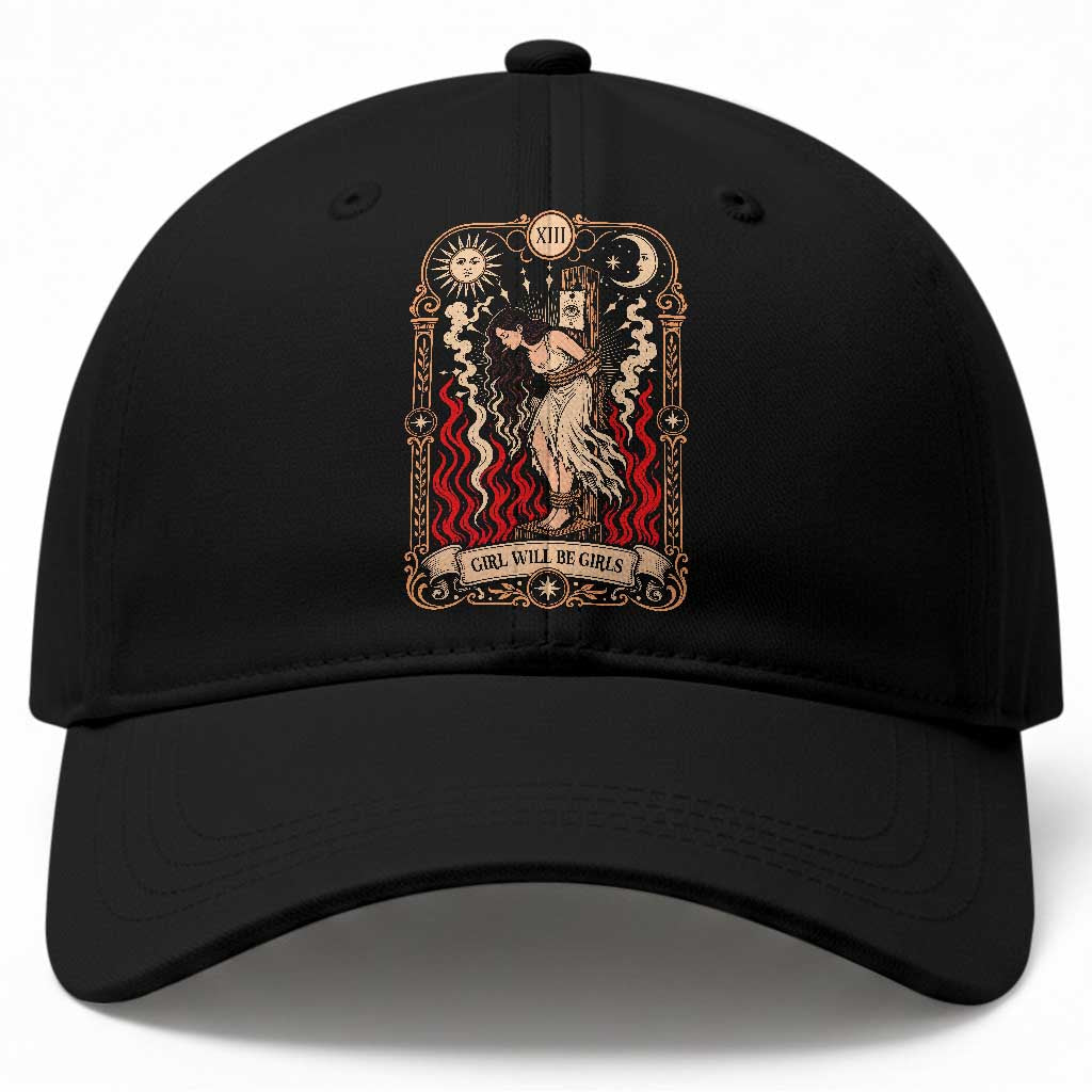 Girls Will Be Girls Burning Stake Witch Tarot Card Baseball Cap Defiant Feminist Aesthetic Graphic