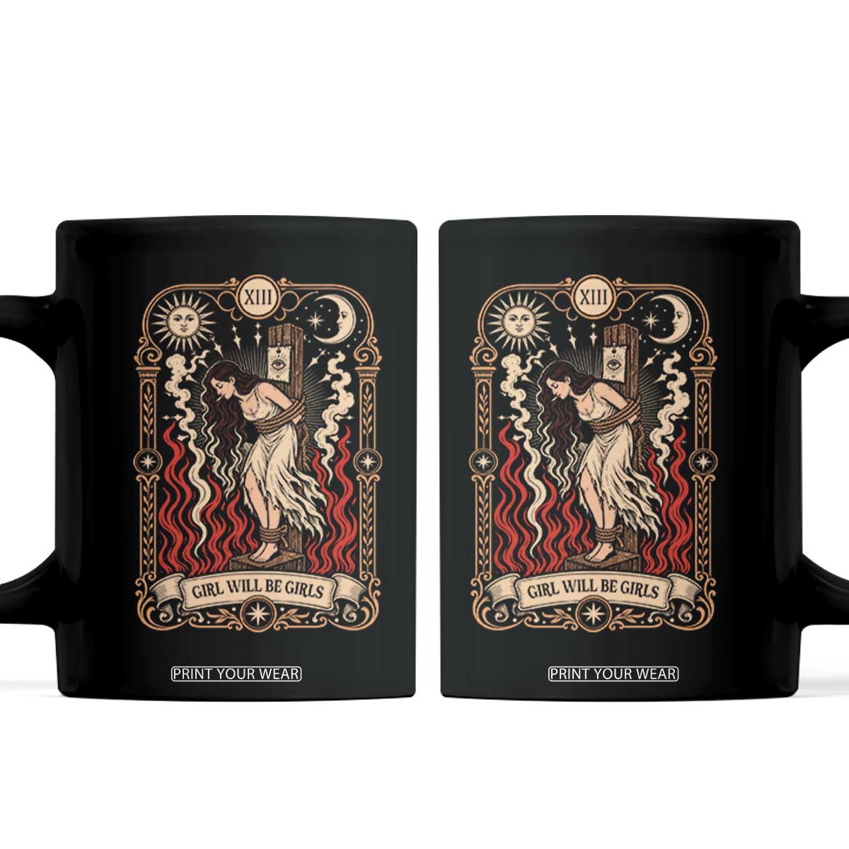 Girls Will Be Girls Burning Stake Witch Tarot Card Coffee Mug Defiant Feminist Aesthetic Graphic