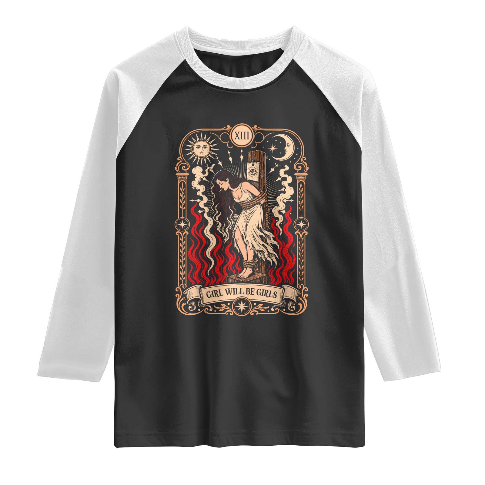 Girls Will Be Girls Burning Stake Witch Tarot Card Raglan Shirt Defiant Feminist Aesthetic Graphic