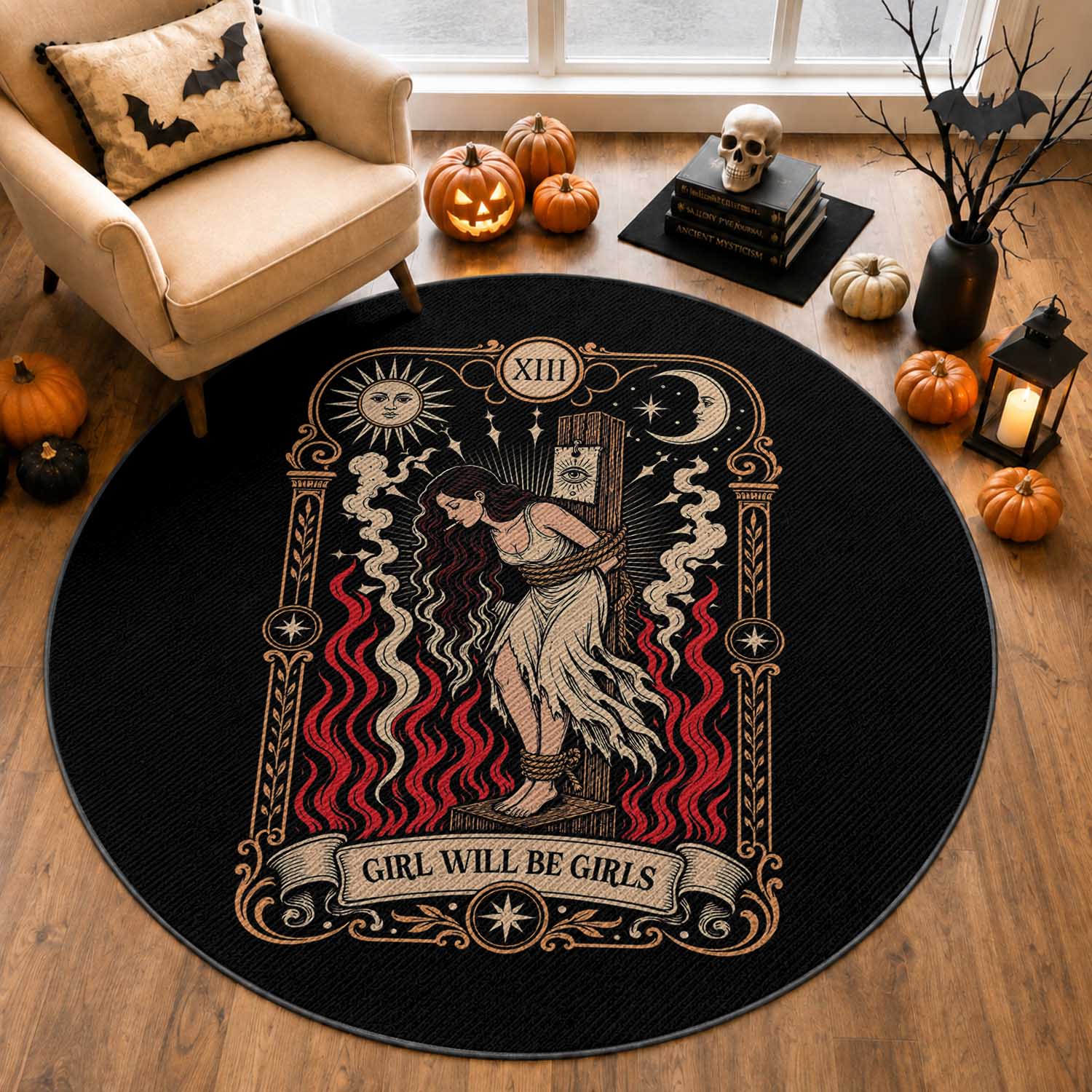 Girls Will Be Girls Burning Stake Witch Tarot Card Round Rug Defiant Feminist Aesthetic Graphic