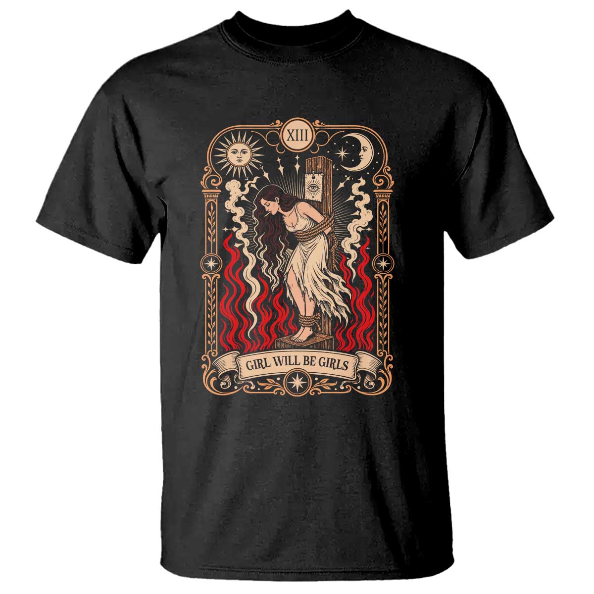 Girls Will Be Girls Burning Stake Witch Tarot Card T Shirt Defiant Feminist Aesthetic Graphic