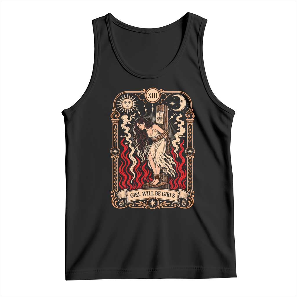 Girls Will Be Girls Burning Stake Witch Tarot Card Tank Top Defiant Feminist Aesthetic Graphic