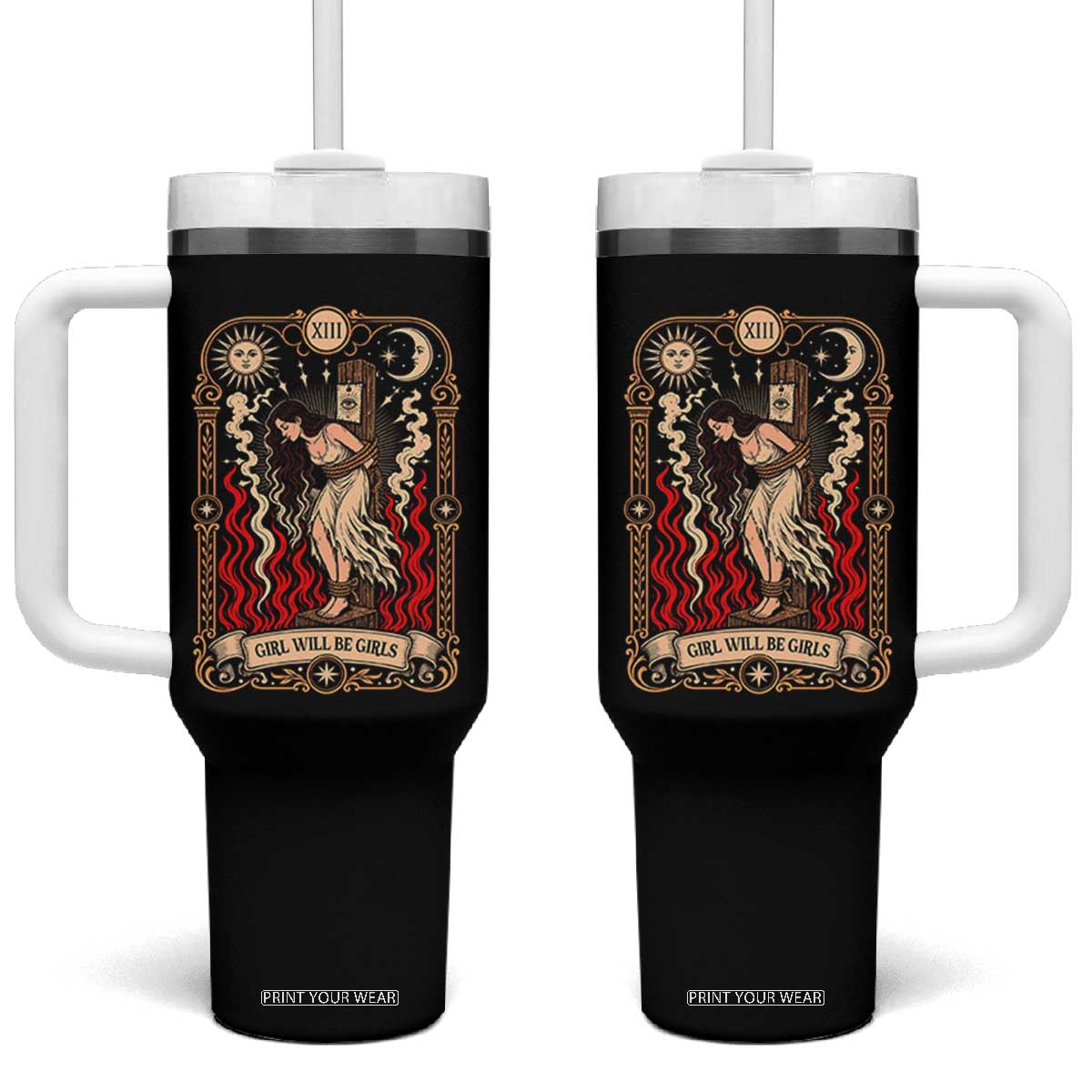 Girls Will Be Girls Burning Stake Witch Tarot Card Tumbler With Handle Defiant Feminist Aesthetic Graphic