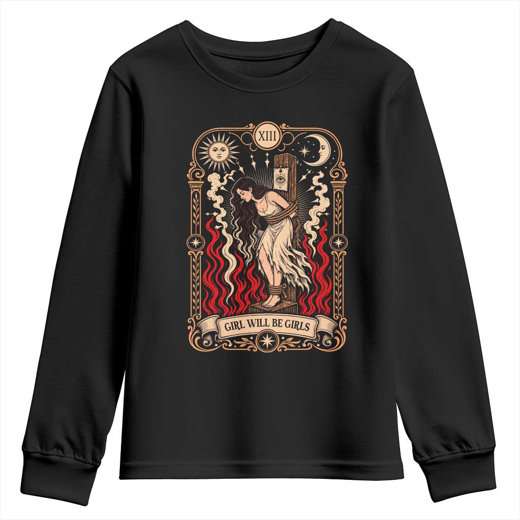 Girls Will Be Girls Burning Stake Witch Tarot Card Youth Sweatshirt Defiant Feminist Aesthetic Graphic