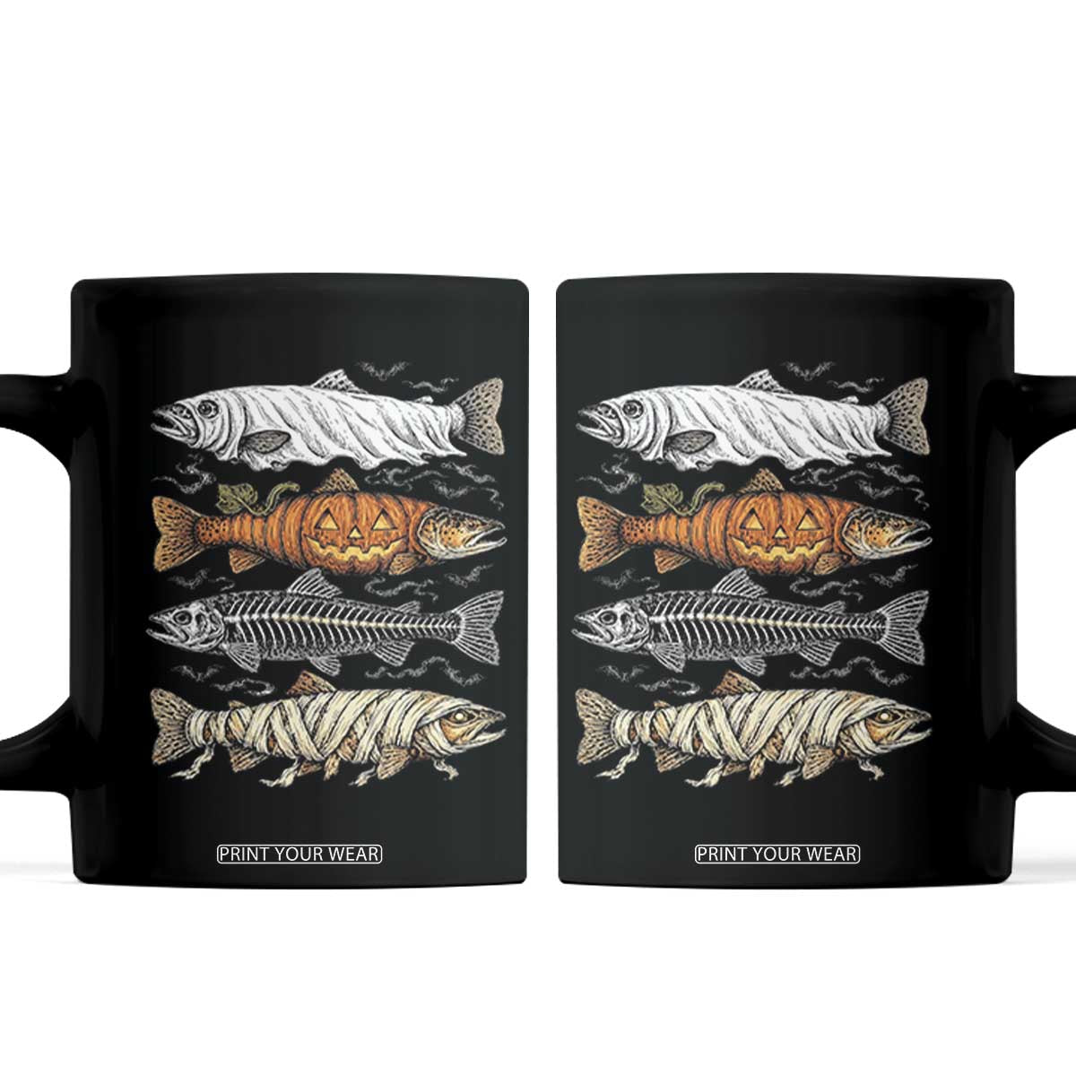 Halloween Spooky Fish Ghost Pumpkin Skeleton Mummy Coffee Mug Vintage Fishing Outdoor