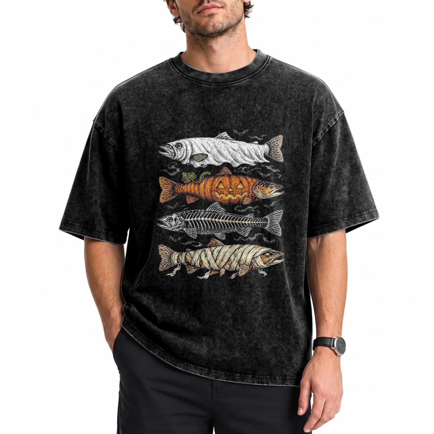 Halloween Spooky Fish Ghost Pumpkin Skeleton Mummy Washed Cotton T-Shirt Vintage Fishing Outdoor