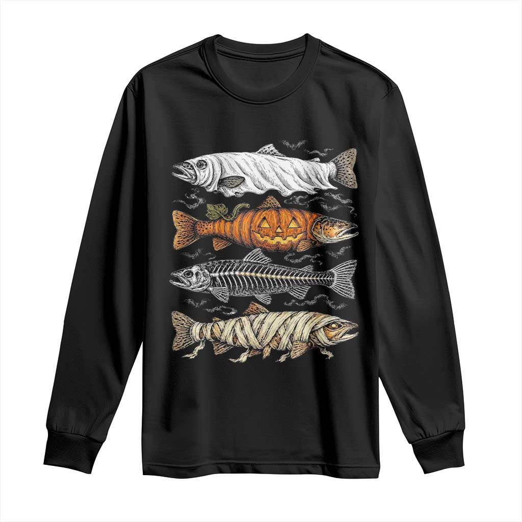Halloween Spooky Fish Ghost Pumpkin Skeleton Mummy Long Sleeve Shirt Vintage Fishing Outdoor