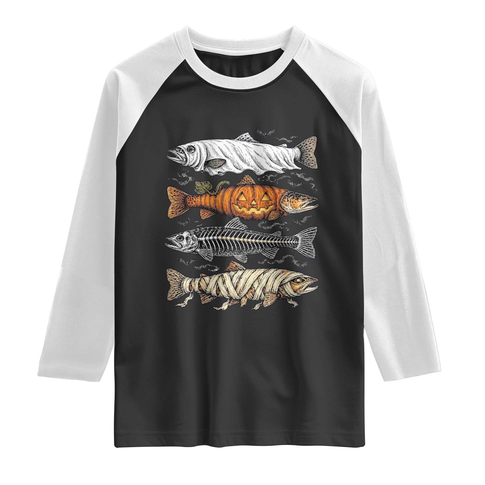 Halloween Spooky Fish Ghost Pumpkin Skeleton Mummy Raglan Shirt Vintage Fishing Outdoor