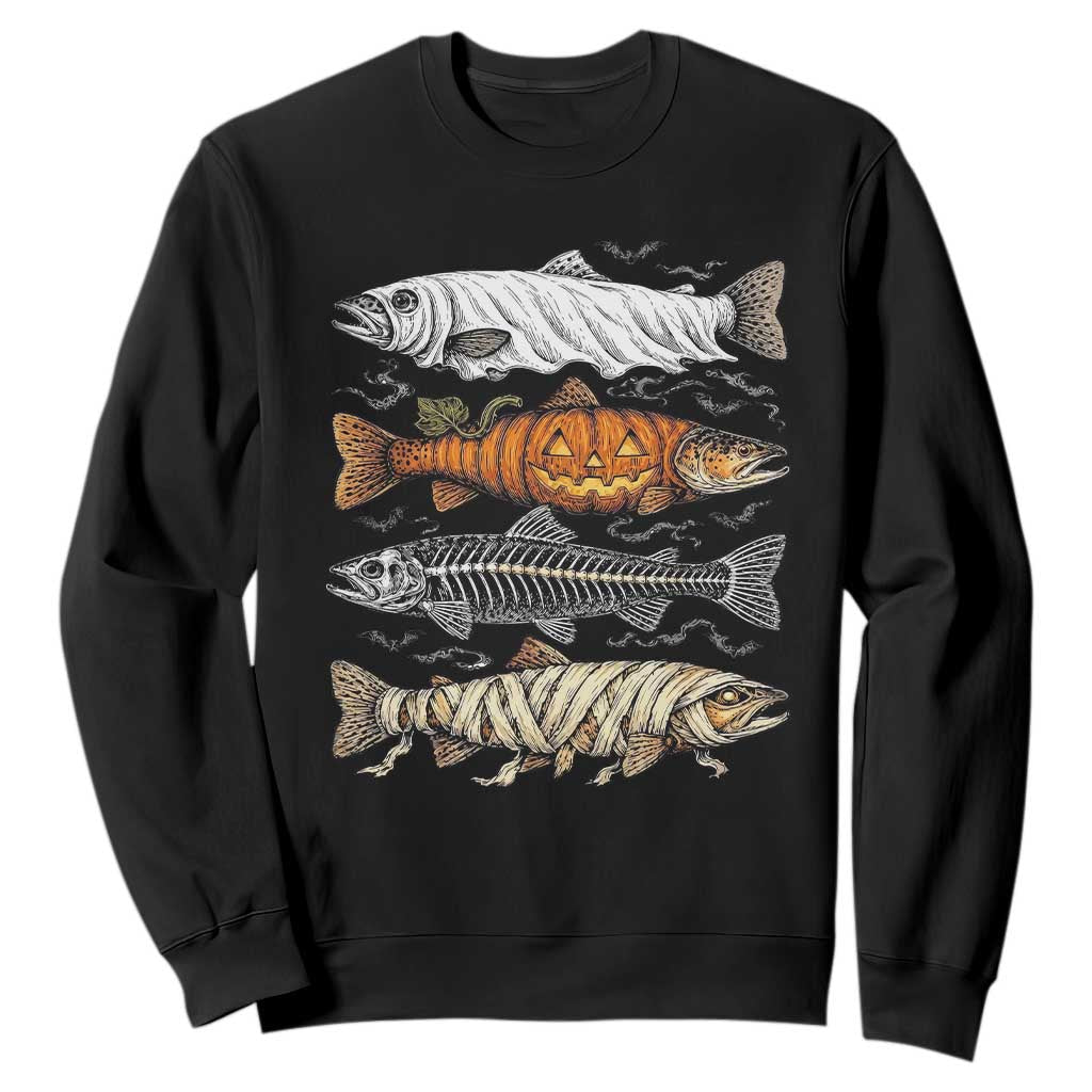 Halloween Spooky Fish Ghost Pumpkin Skeleton Mummy Sweatshirt Vintage Fishing Outdoor