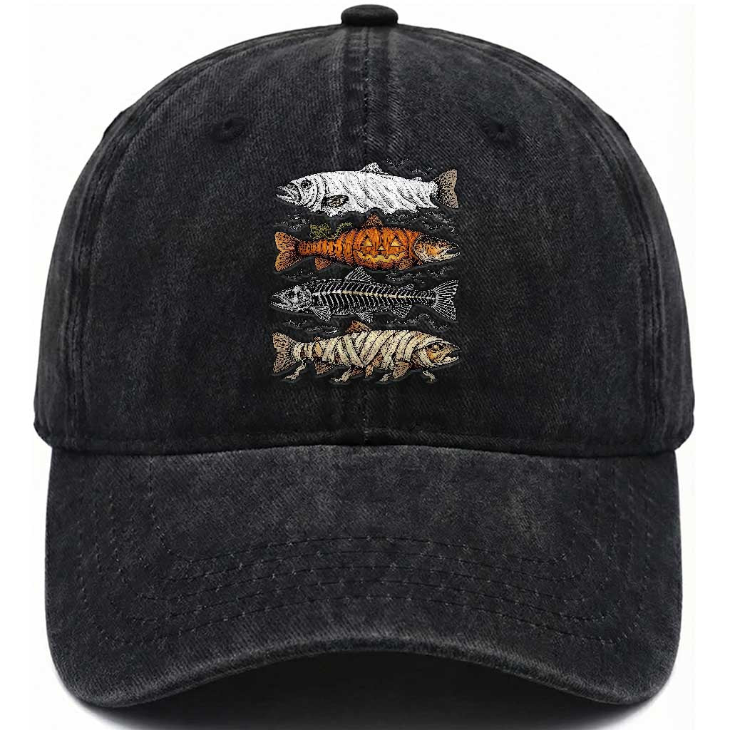 Halloween Spooky Fish Ghost Pumpkin Skeleton Mummy Washed Cotton Baseball Cap Vintage Fishing Outdoor