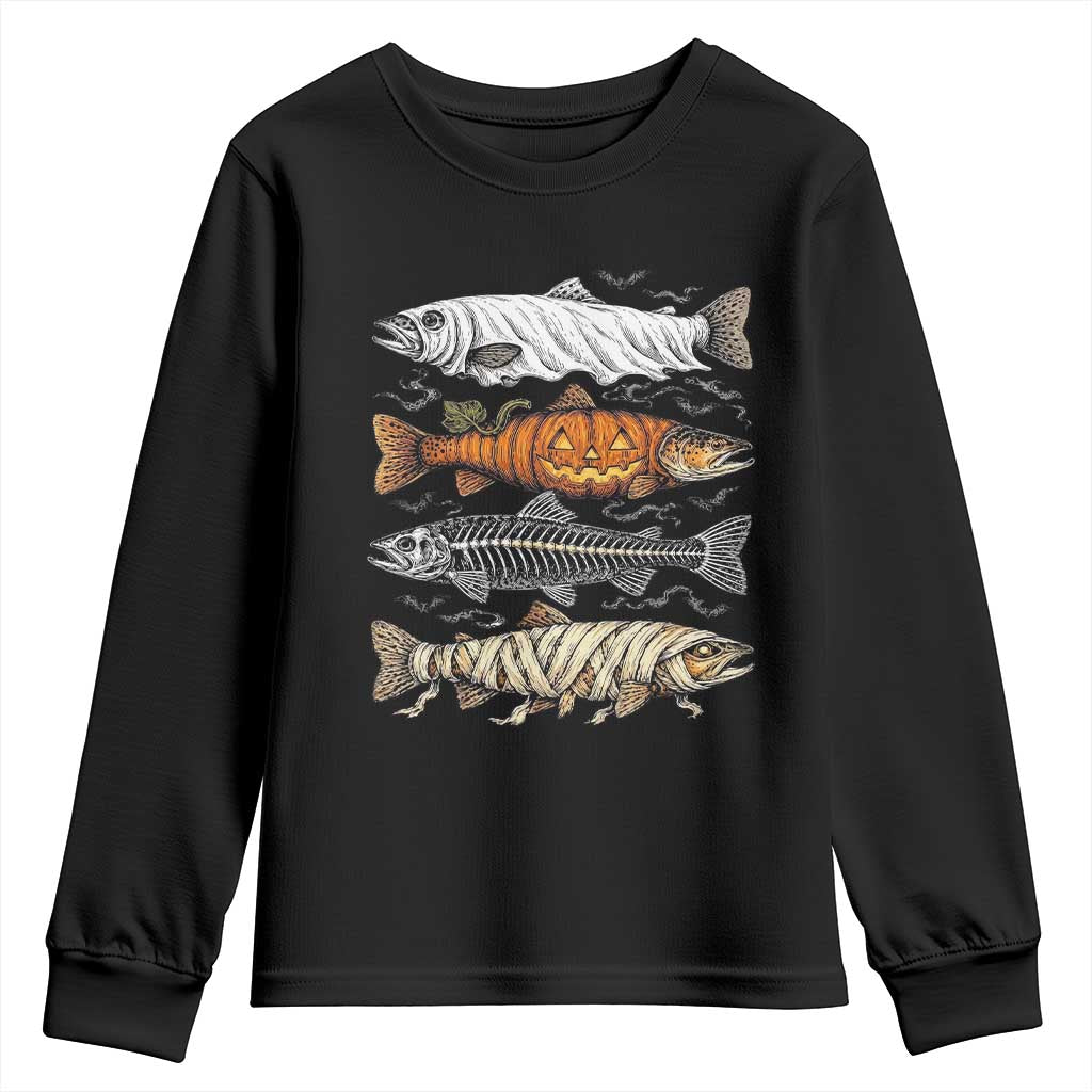 Halloween Spooky Fish Ghost Pumpkin Skeleton Mummy Youth Sweatshirt Vintage Fishing Outdoor