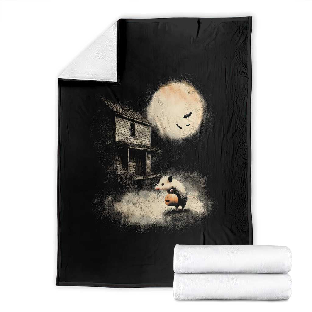 Spooky Opossum Pumpkin Haunted House Graphic Throw Blanket Vintage Halloween Animal Meme Lover