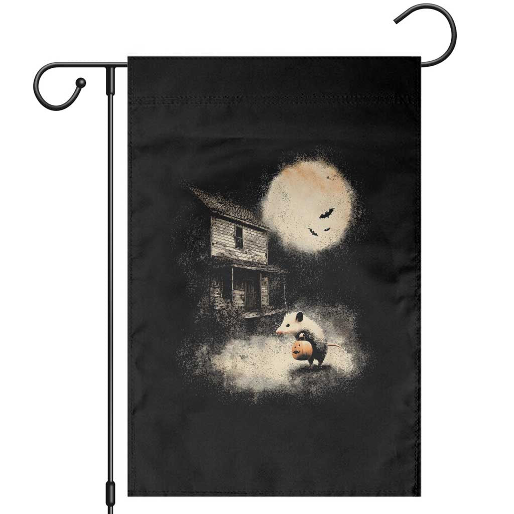 Spooky Opossum Pumpkin Haunted House Graphic Garden Flag Vintage Halloween Animal Meme Lover