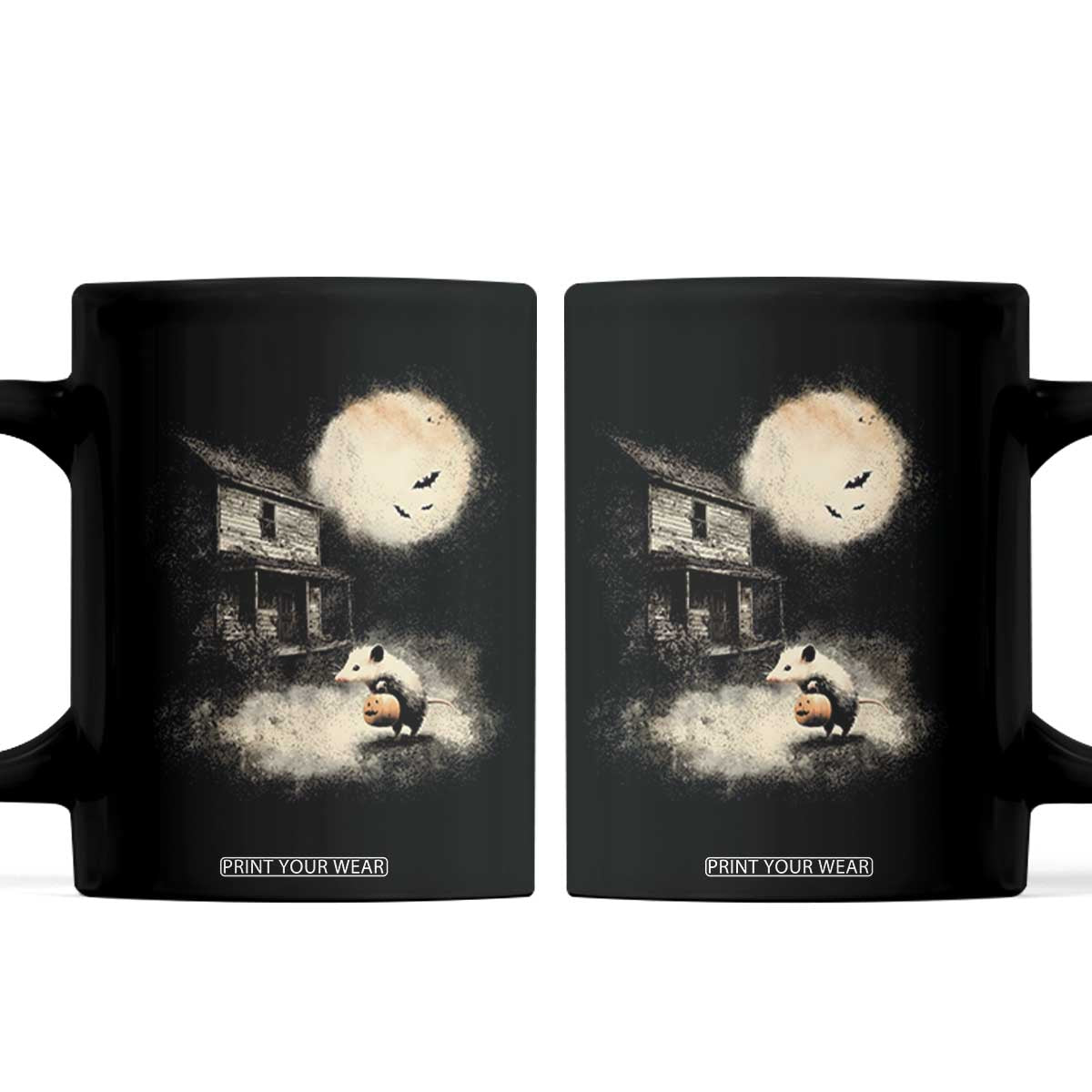 Spooky Opossum Pumpkin Haunted House Graphic Coffee Mug Vintage Halloween Animal Meme Lover