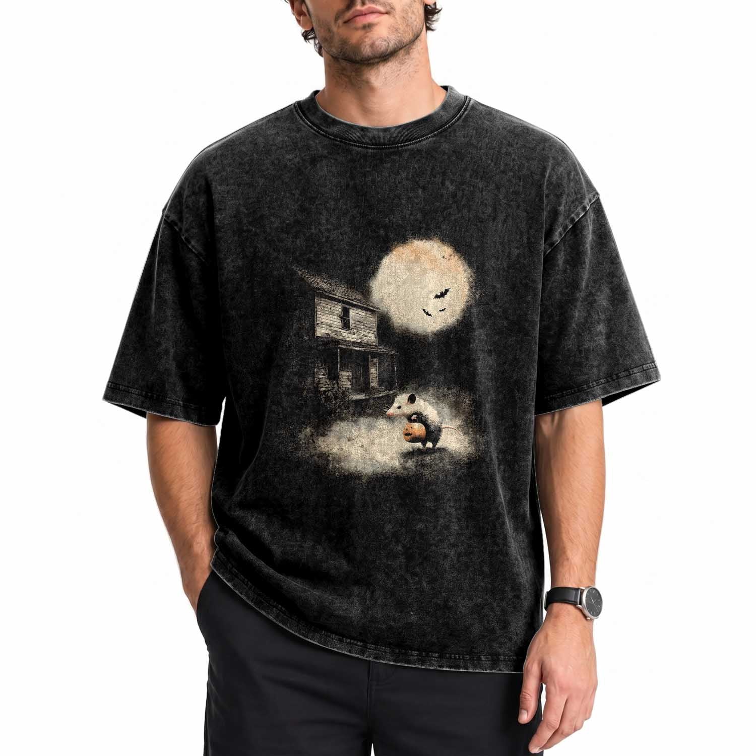 Spooky Opossum Pumpkin Haunted House Graphic Washed Cotton T-Shirt Vintage Halloween Animal Meme Lover