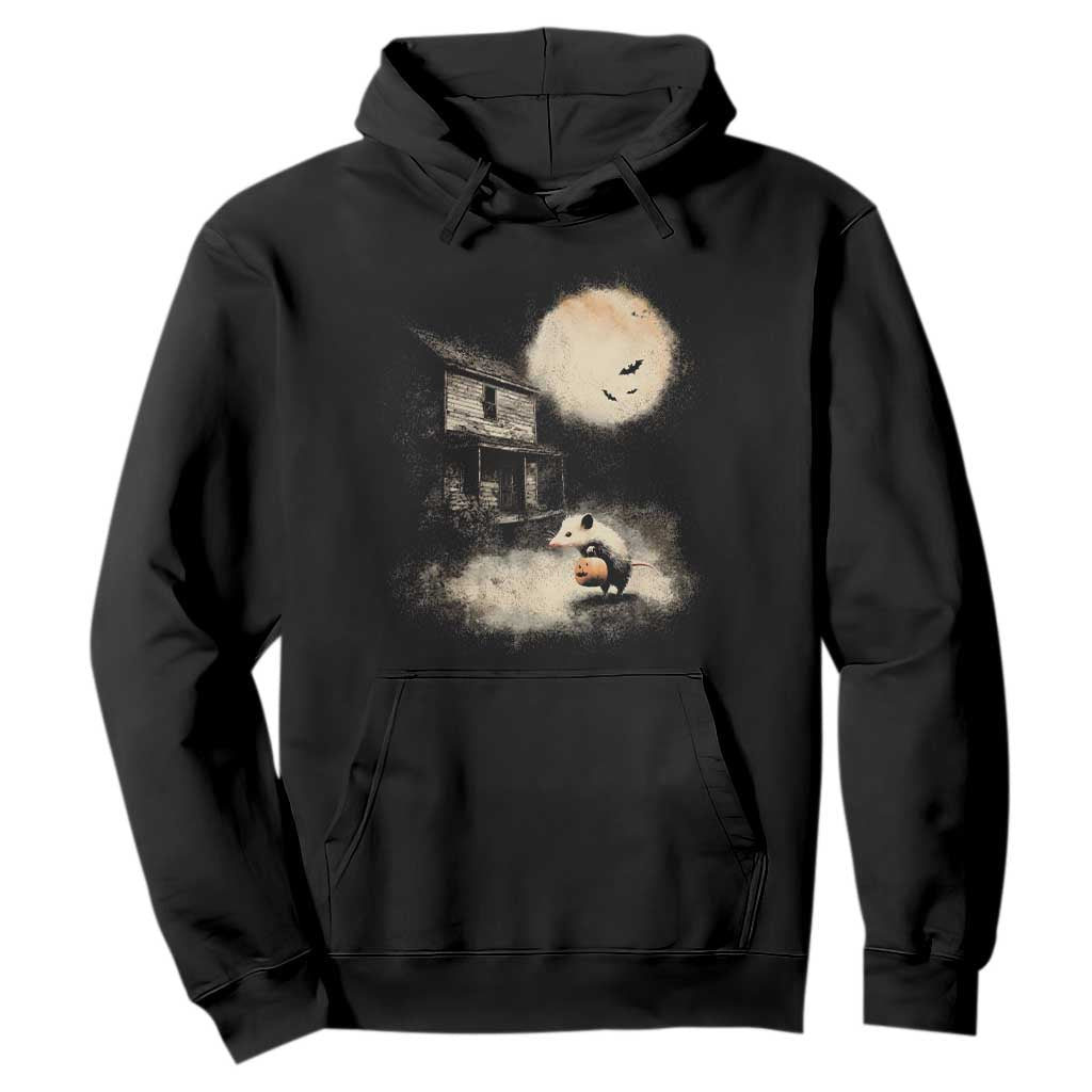 Spooky Opossum Pumpkin Haunted House Graphic Hoodie Vintage Halloween Animal Meme Lover