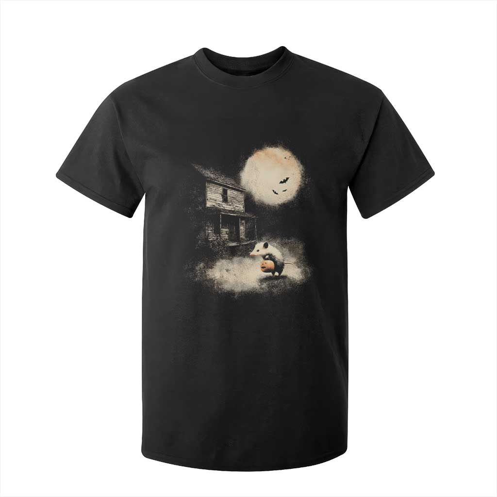 Spooky Opossum Pumpkin Haunted House Graphic T Shirt For Kid Vintage Halloween Animal Meme Lover