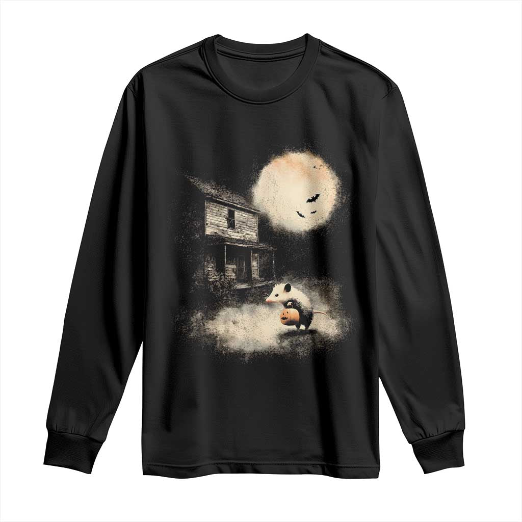 Spooky Opossum Pumpkin Haunted House Graphic Long Sleeve Shirt Vintage Halloween Animal Meme Lover