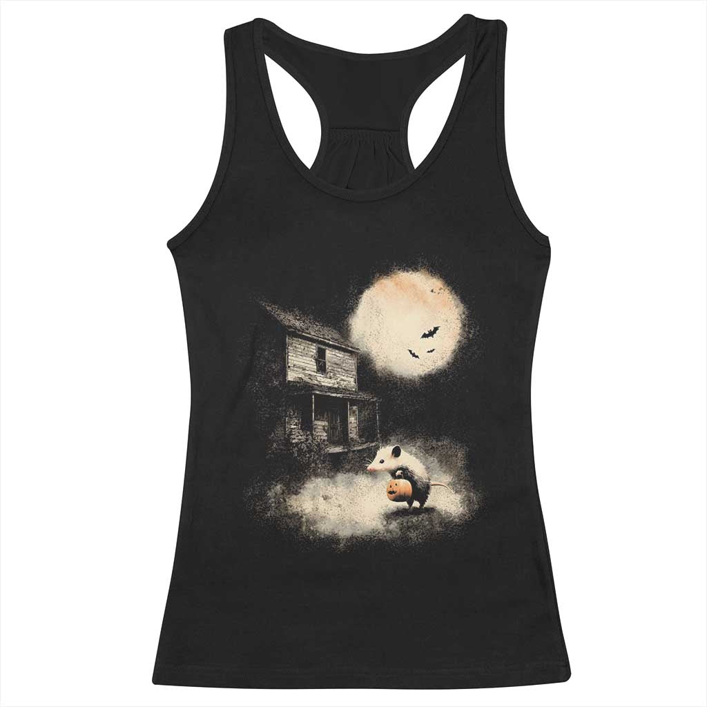 Spooky Opossum Pumpkin Haunted House Graphic Racerback Tank Top Vintage Halloween Animal Meme Lover