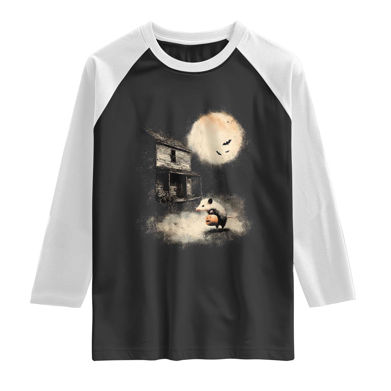 Spooky Opossum Pumpkin Haunted House Graphic Raglan Shirt Vintage Halloween Animal Meme Lover