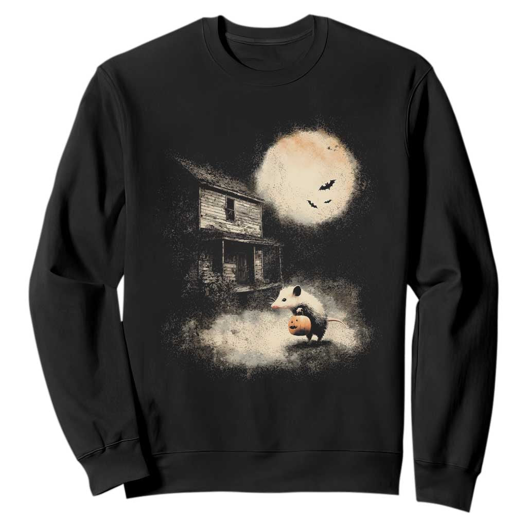 Spooky Opossum Pumpkin Haunted House Graphic Sweatshirt Vintage Halloween Animal Meme Lover