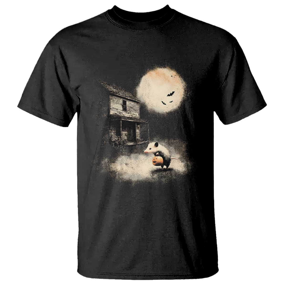 Spooky Opossum Pumpkin Haunted House Graphic T Shirt Vintage Halloween Animal Meme Lover