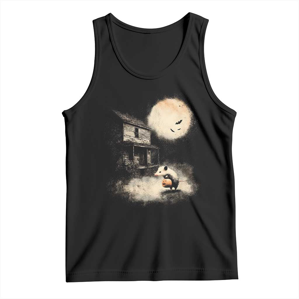 Spooky Opossum Pumpkin Haunted House Graphic Tank Top Vintage Halloween Animal Meme Lover
