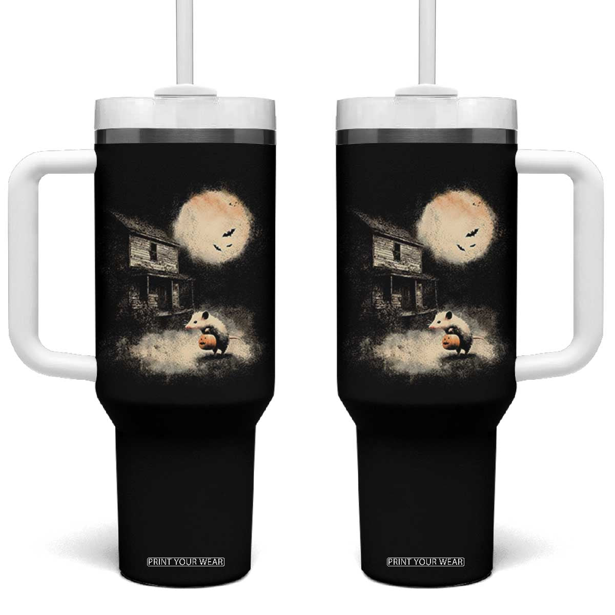 Spooky Opossum Pumpkin Haunted House Graphic Tumbler With Handle Vintage Halloween Animal Meme Lover