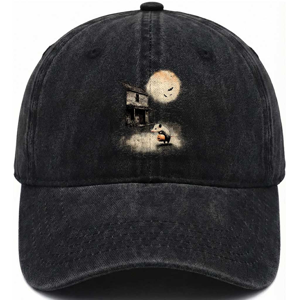 Spooky Opossum Pumpkin Haunted House Graphic Washed Cotton Baseball Cap Vintage Halloween Animal Meme Lover
