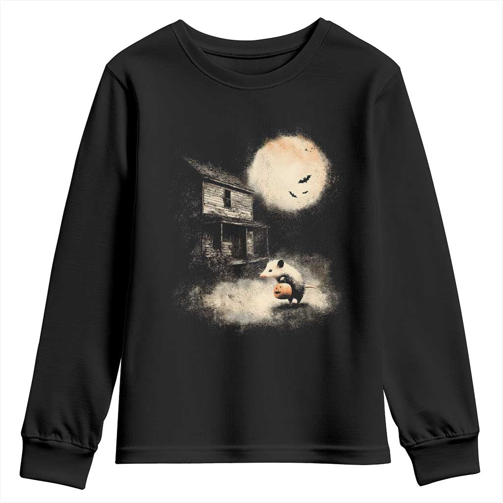 Spooky Opossum Pumpkin Haunted House Graphic Youth Sweatshirt Vintage Halloween Animal Meme Lover